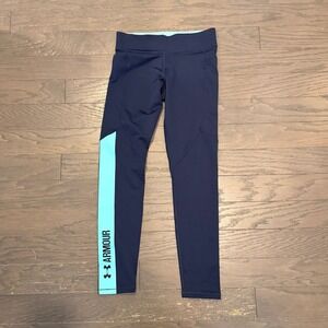 Under Armour ColdGear Womens Compression Leggings Navy Blue Light Blue MD